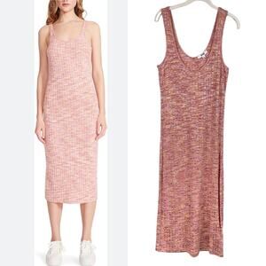 BB Dakota Midi Dress Size L Orange Pink Ribbed Knit Sleeveless Tank Preppy Retro